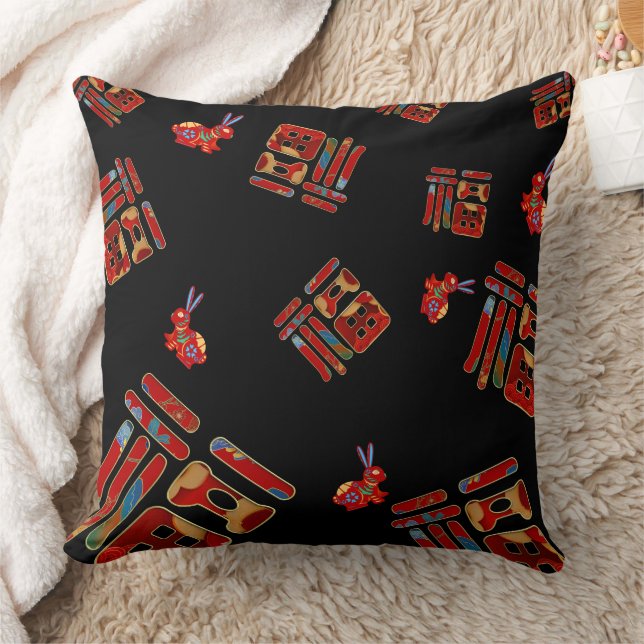 Unique Chinese Character 福 Blessings Rabbits Year  Cushion (Blanket)