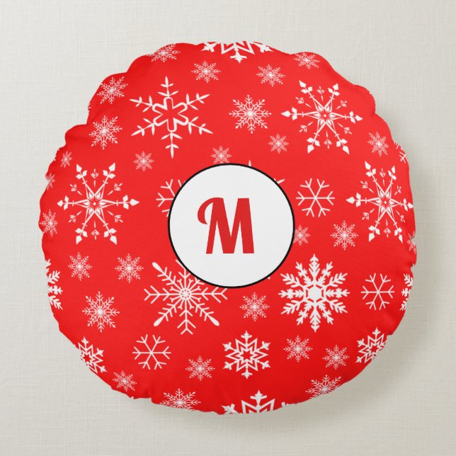 Unique Christmas decor gift for her monogram red   Round Cushion (Front)