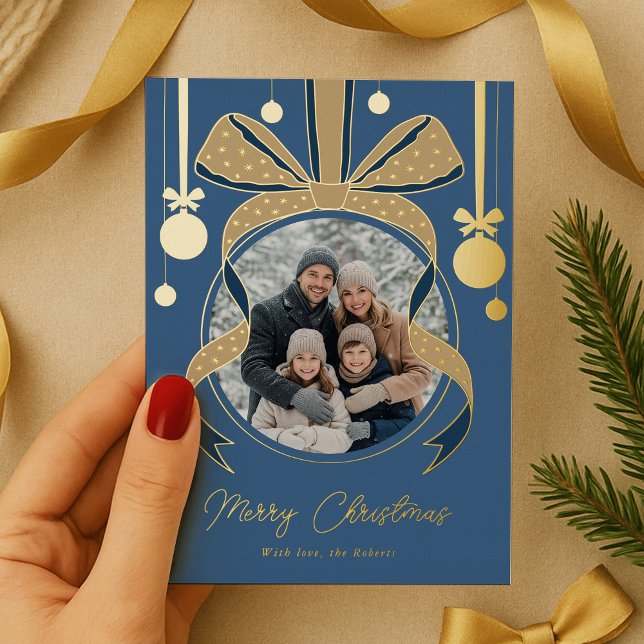 Unique Christmas Ornament Ribbon Bow Photo Blue Foil Holiday Card (elegant whimsical bows Christmas ornament photo foil holiday cards in blue and gold)