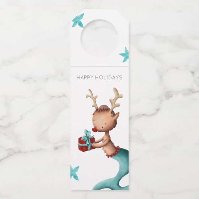 Unique Christmas Reindeer with mermaid tail Bottle Tag (Front)