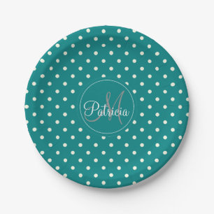 Unique & Classy Monogram Teal And White Polka Dots Paper Plate