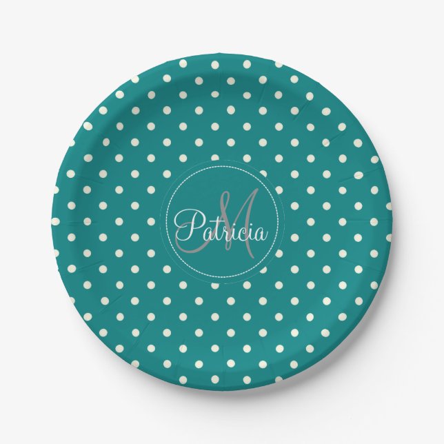 Unique & Classy Monogram Teal And White Polka Dots Paper Plate (Front)
