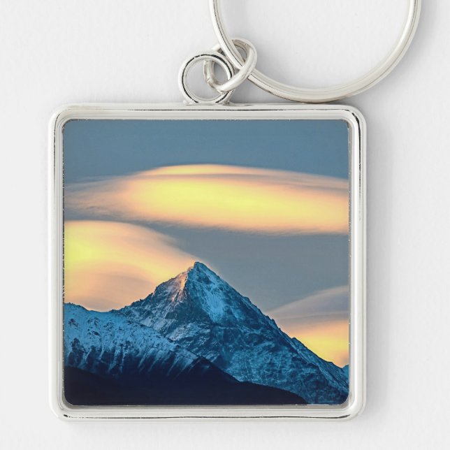 Unique Clouds Over Snow Covered Mountains Key Ring (Front)