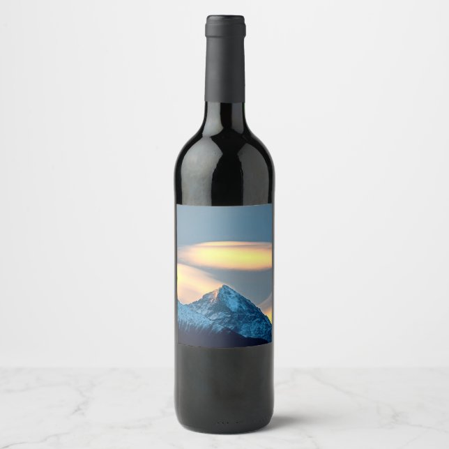 Unique Clouds Over Snow Covered Mountains Wine Label (Front)