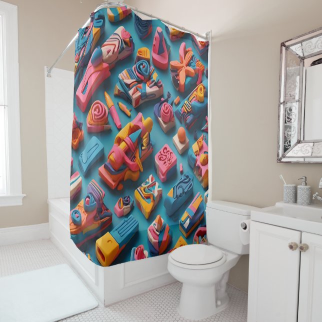 Unique & Colorful Shaped Erasers Pattern Design Shower Curtain (In Situ)