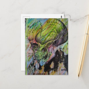 Unique colorful vintage skull bones mixed media postcard