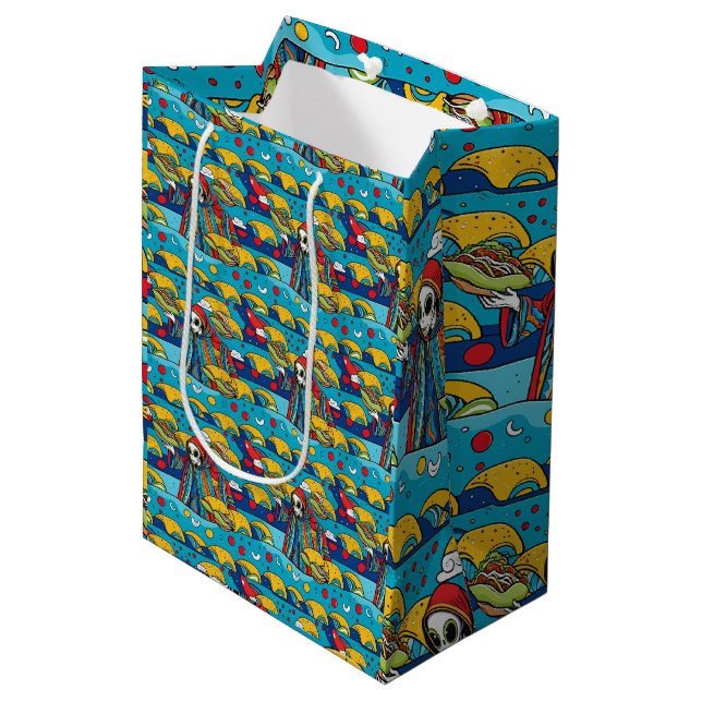 Unique Colourful Alien eating Tacos Wrapping Paper Medium Gift Bag (Front Angled)