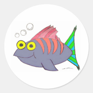 Unique Colourful Fish Cartoon with Bubbles Classic Round Sticker