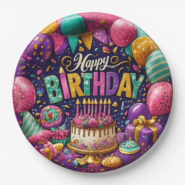 Unique Colourful Happy Birthday Paper Plates (Front)