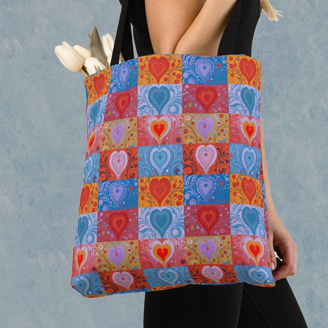 Unique Colourful Heart Love Patchwork Pattern Tote Bag (Creator Uploaded)