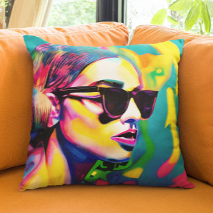 Unique Colourful Lady in Sunglasses Art Cushion