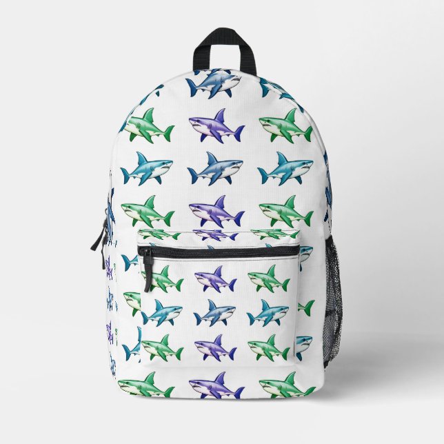 Unique Colourful Sharks Pattern Printed Backpack (Front)