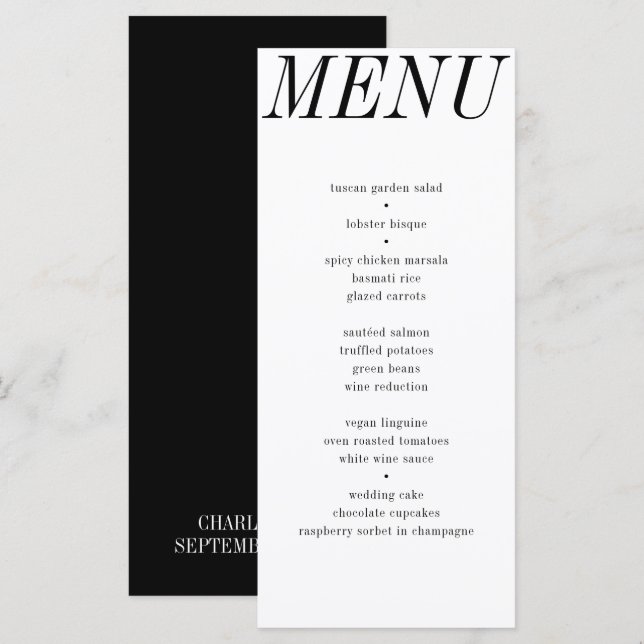 Unique Contemporary Black White Typography Wedding Menu (Front/Back)