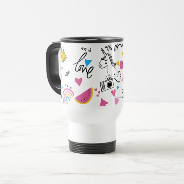 Unique Cool Trendy Teen Girls Illustrated Pattern Travel Mug (Front Left)
