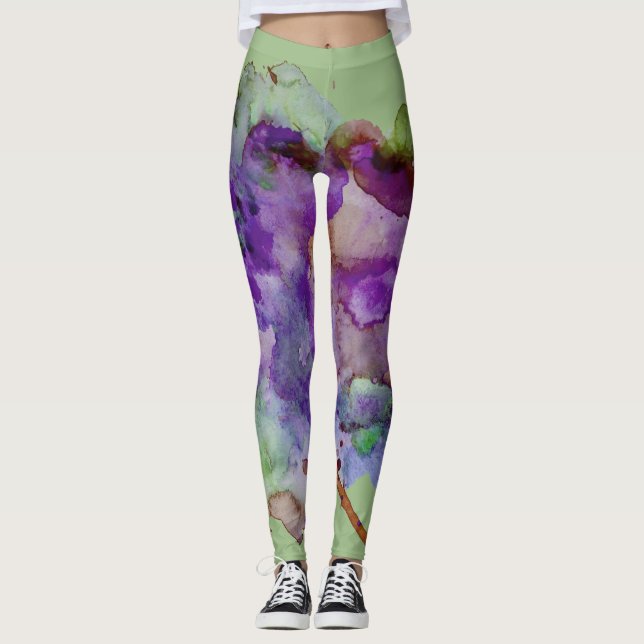 Unique, Crazy Green & Purple Paint Splatter Leggings (Front)