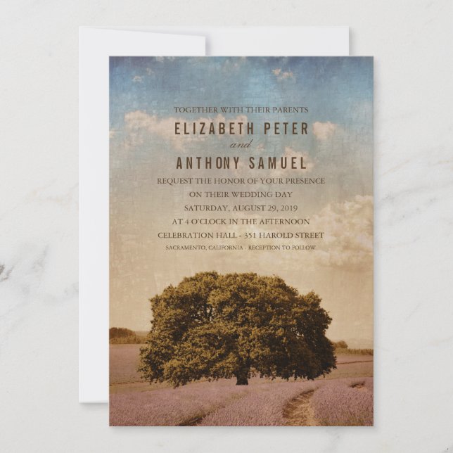 Unique Creative Rustic Tree Lavender Wedding Invitation (Front)