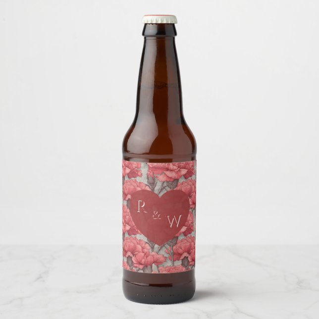 Unique Custom Pink Carnation Floral Wedding Beer Bottle Label (Front)