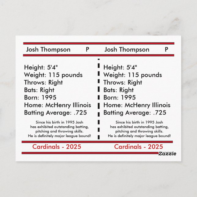 Unique Customisable Baseball Card (Back)