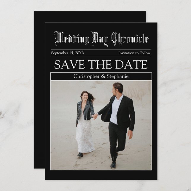Unique Customisable Minimalist QR Code Newspaper Save The Date (Front/Back)