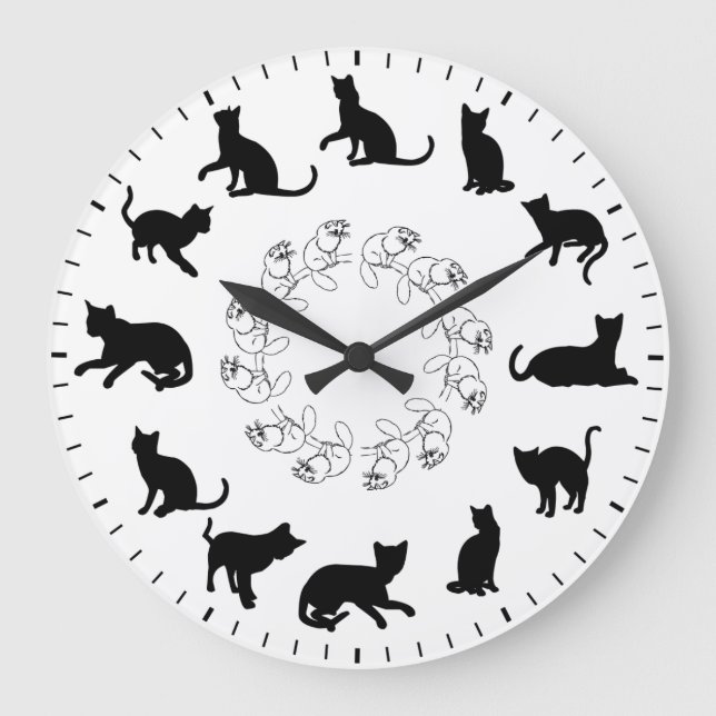 Unique Cute Black Cat Silhouettes Themed Large Clock (Front)