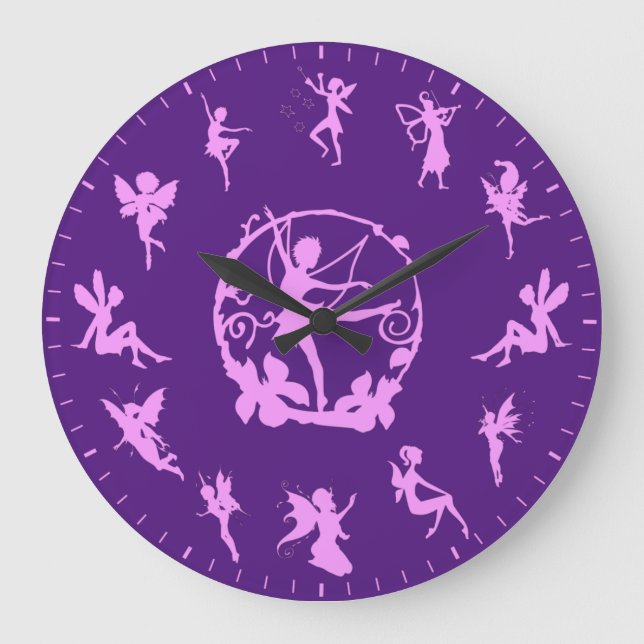 Unique Cute Fairy Pink Silhouettes Themed Large Clock (Front)