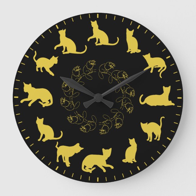 Unique Cute Gold Cat Silhouettes Themed Large Clock (Front)