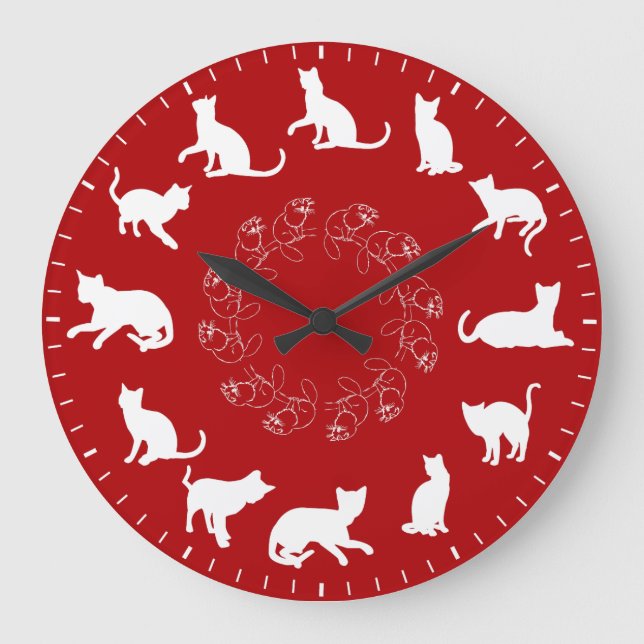 Unique Cute White Cat Silhouettes Themed Large Clock (Front)