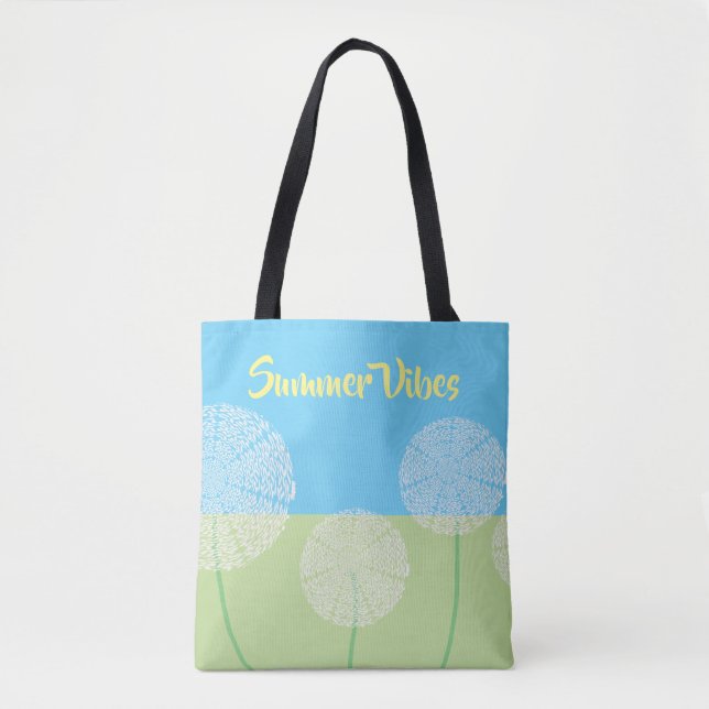 Unique Dandelion Summer Art Design Blue Green Tote Bag (Front)