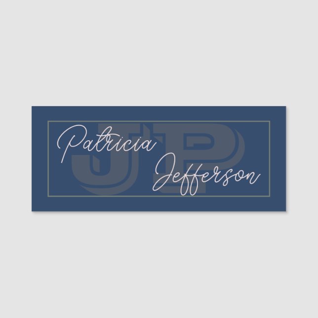 Unique Dark Blue Monogrammed Handwritten Name Tag (Front)