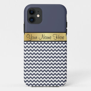 Unique Delft Blue White Chevron, Gold Ribbon Name iPhone 11 Case