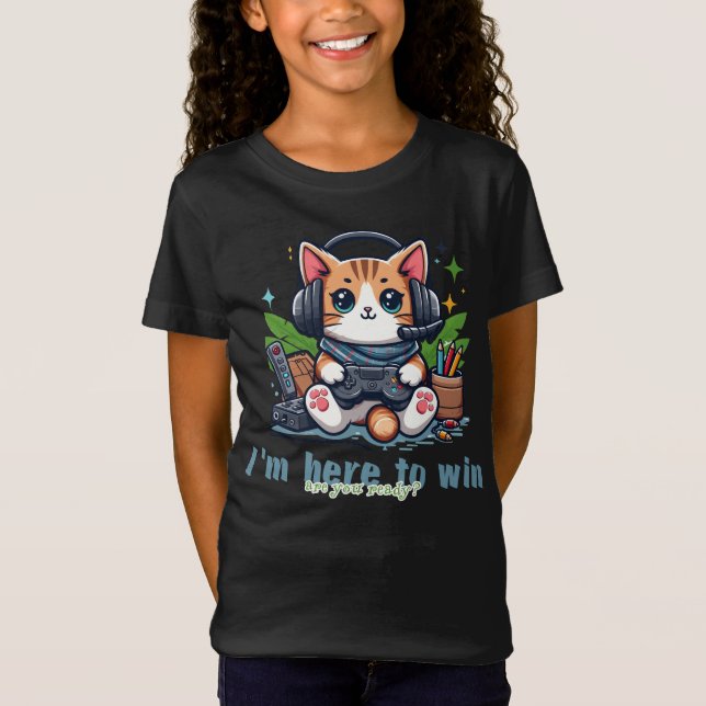 Unique design of a cute cat playing with a gaming  T-Shirt (Front)