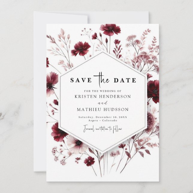 Unique Earthy Burgundy Wedding Save The Date (Front)