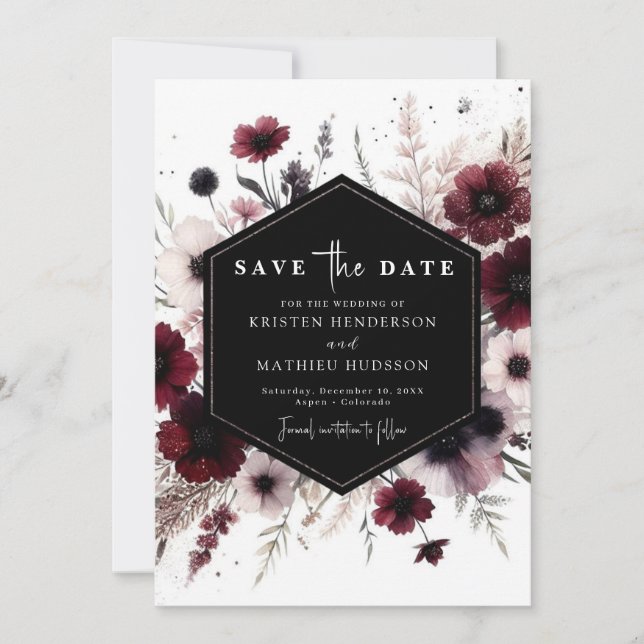 Unique Earthy Burgundy Wedding Save The Date (Front)