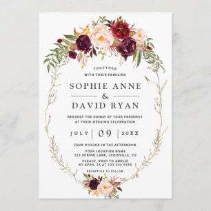 Unique Elegant Burgundy Pink Flowers Gold Wedding Invitation