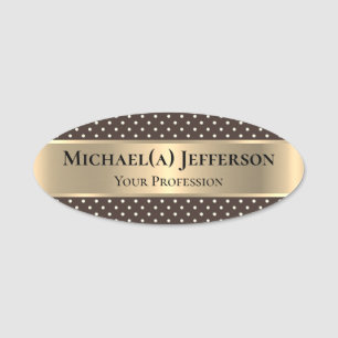 Unique Elegant Dark Brown & Polka Dot: Luxury Gold Name Tag