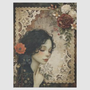 Unique Elegant Girl & Black Cat Garden Flowers Tissue Paper