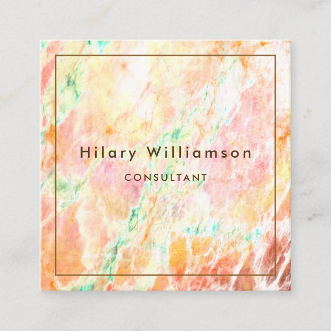 Unique Elegant Marble Stone Orange Teal Pink Square Business Card (Front)
