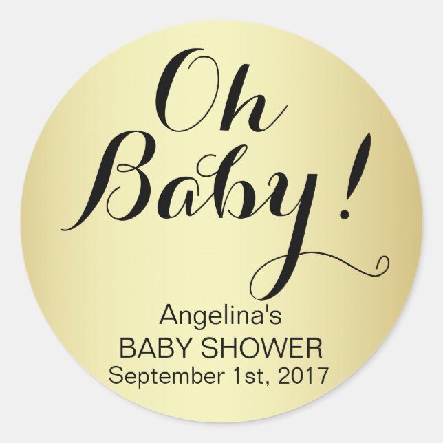 Unique Elegant OH BABY! Gold Baby Shower Classic Round Sticker (Front)