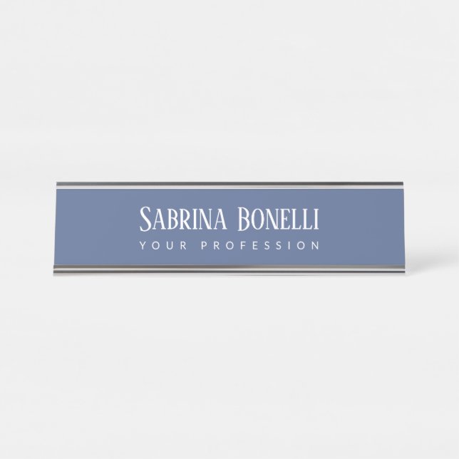 Unique Elegant Plain Simple Blue White Desk Name Plate (Front)