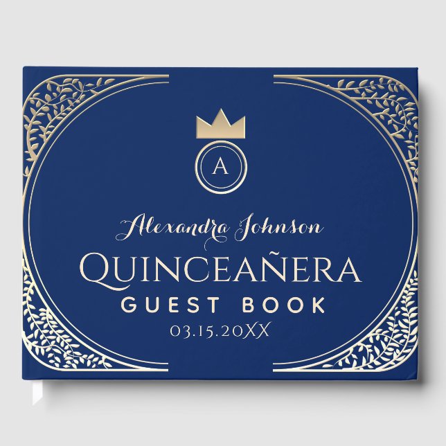 Unique Elegant Qiunceanera Royal Blue Gold Floral Guest Book (Front)
