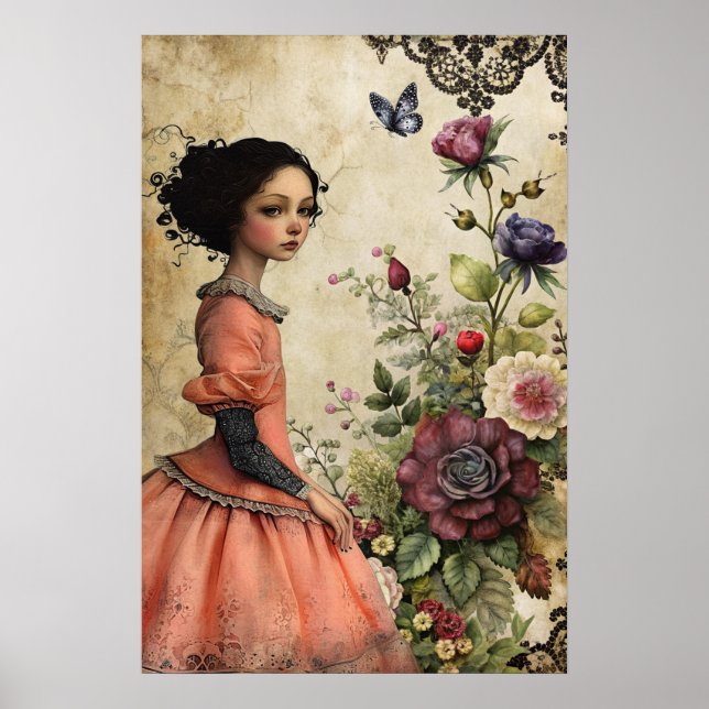 Unique Elegant Victorian Girl in a  Floral Garden Poster (Front)