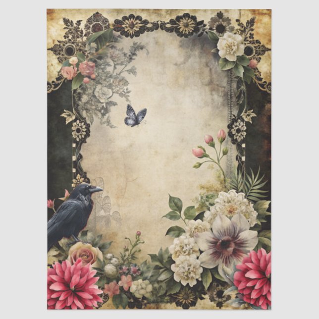 Unique Elegant Victorian Goth Raven Floral Garden  Tissue Paper (Front)