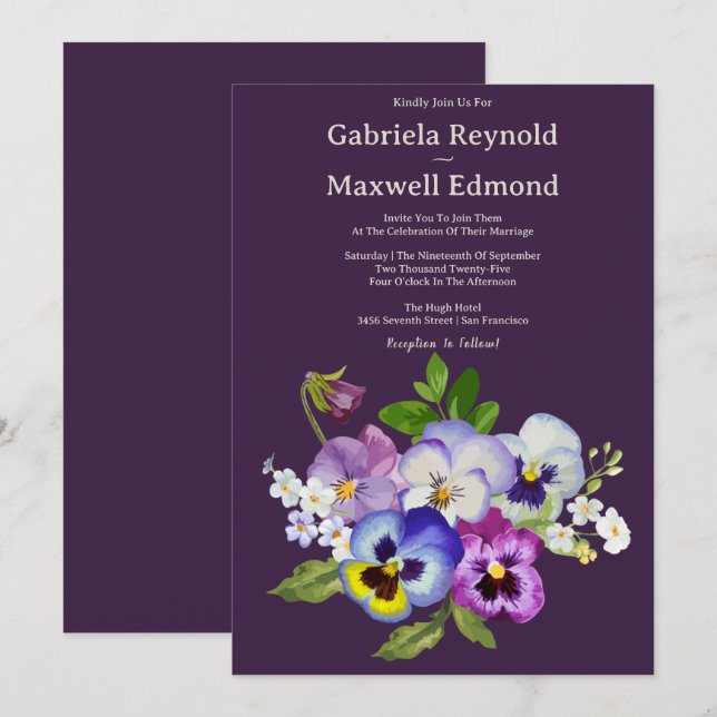 Unique Elegant Watercolour Pansy Wedding Invitation (Front/Back)