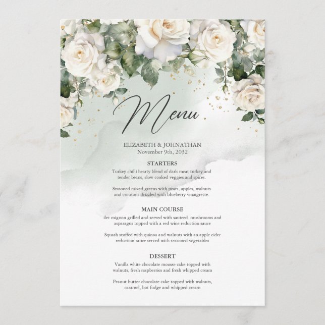 Unique Elegant White Roses Floral Garden greenery Menu (Front)