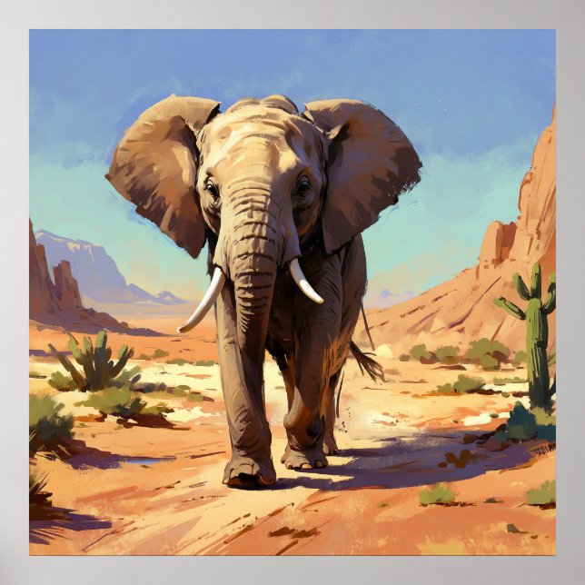 Unique Elephant in Desert Animal Painting Poster (Front)