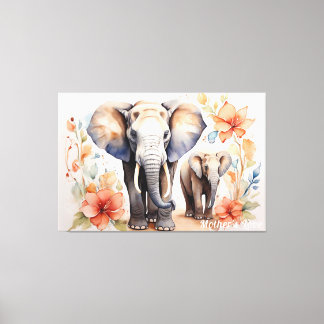 Unique Elephant Mother and Child Floral Watercolor Canvas Print