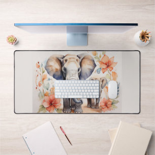 Unique Elephant Mother and Child Floral Watercolor Desk Mat