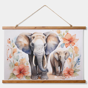 Unique Elephant Mother and Child Floral Watercolor Hanging Tapestry