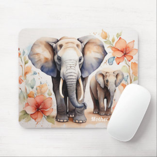 Unique Elephant Mother and Child Floral Watercolor Mouse Mat