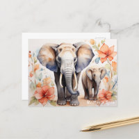 Unique Elephant Mother and Child Floral Watercolor